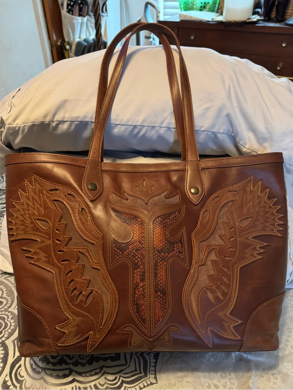 Frye Brown Leather Tote Bag with “FF” Phoenix Embossed Design